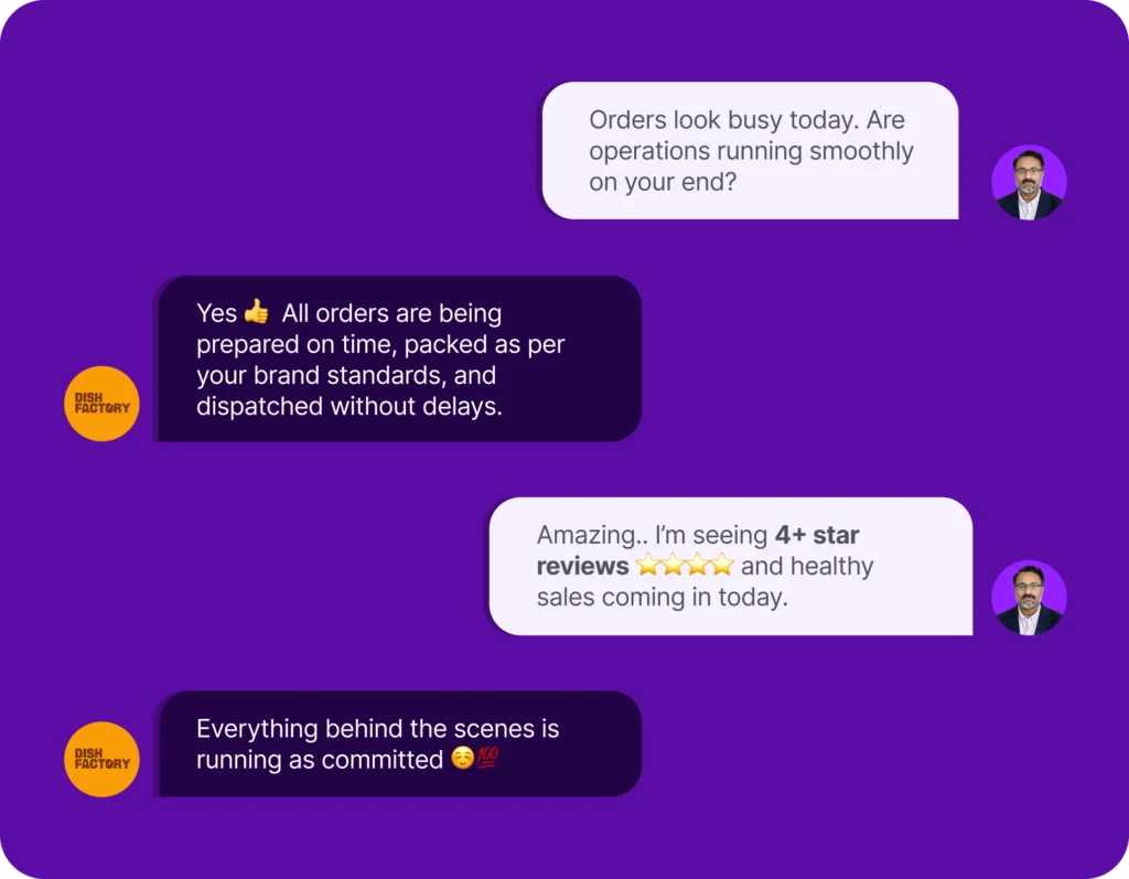 Chat between a brand owner and DishFactory confirming orders are prepared, packed and dispatched on time